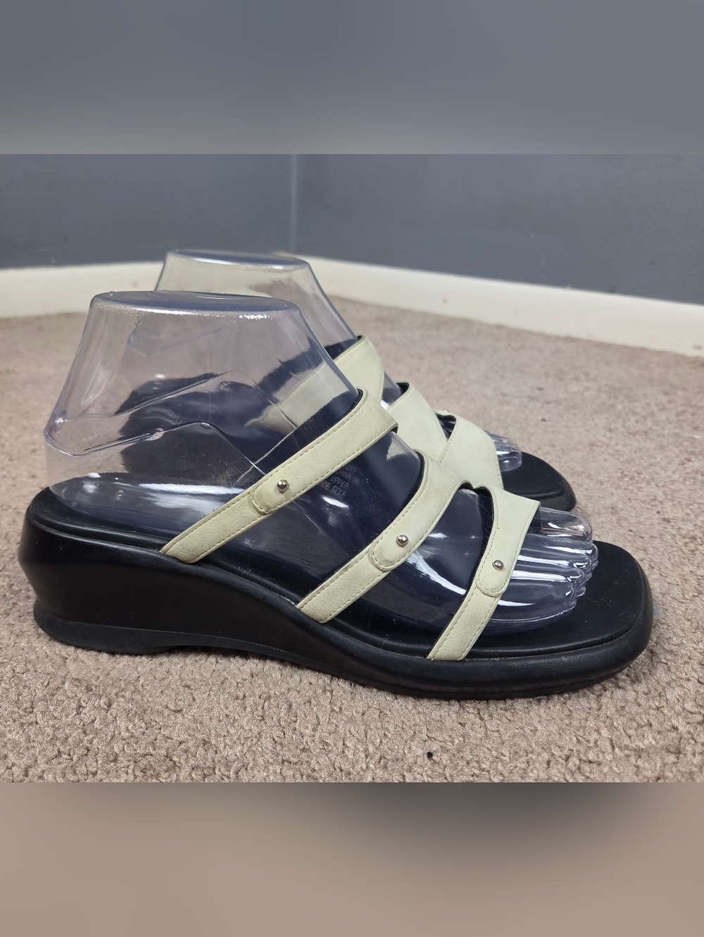 Clarks Cream Three-Strap Wedge Sandals